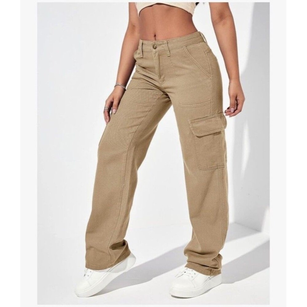 Women's Wide Leg Cargo Jeans Size 4 Relaxed Fit Denim Beige - Picture 12 of 16